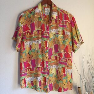 Sonite Collection Silk Blouse Abstract Tropical Print Oversized Vintage 90s M